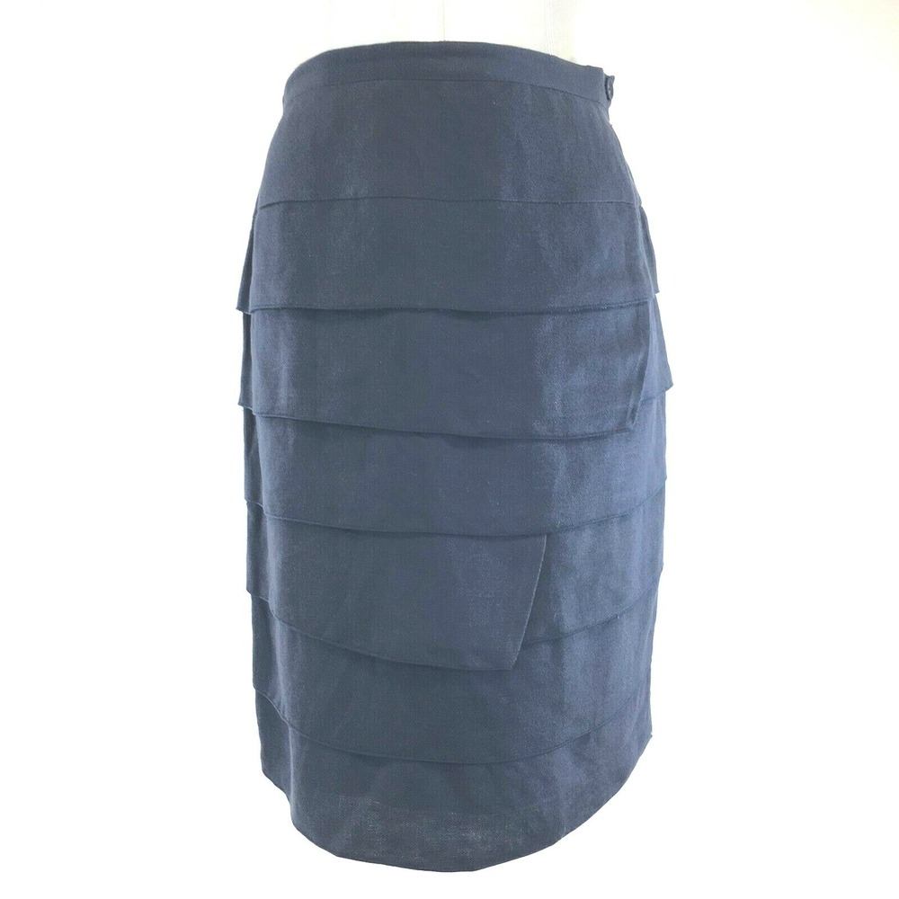SHARON‎ YOUNG Skirt 4 Blue Linen Bl Asymmetric Tier Lined Side Zip Office